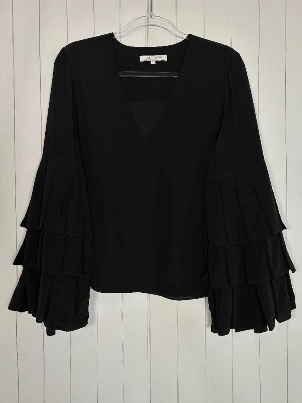 Alexis size L blouse top black 100% silk bell ruffle sleeves v-neck lined boho